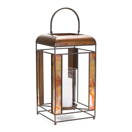 17" Bronze Distressed Geometric Metal And Glass Tabletop Lantern Candle Holder - Image 1