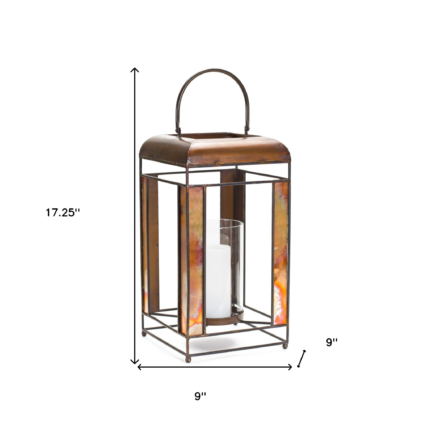 17" Bronze Distressed Geometric Metal And Glass Tabletop Lantern Candle Holder - Image 5