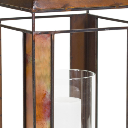17" Bronze Distressed Geometric Metal And Glass Tabletop Lantern Candle Holder - Image 3