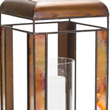 17" Bronze Distressed Geometric Metal And Glass Tabletop Lantern Candle Holder - Image 4