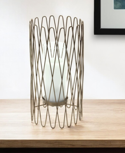 14" Gold Iron and Glass Tabletop Hurricane Candle Holder - Image 1