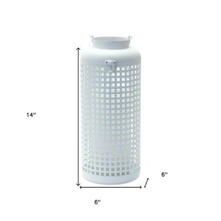 14" White Distressed Lattice Iron Floor Lantern Candle Holder - Image 5