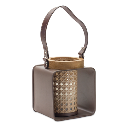 7" Natural And Brown Distressed Lattice Iron And Wood Tabletop Lantern Candle Holder - Image 2