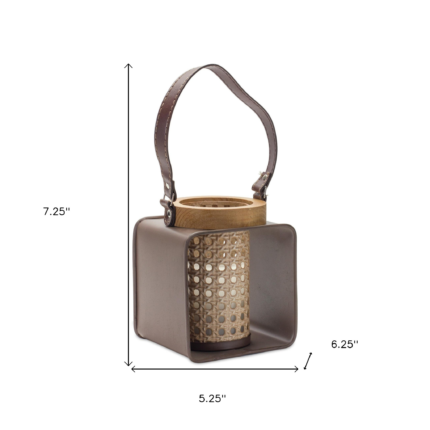 7" Natural And Brown Distressed Lattice Iron And Wood Tabletop Lantern Candle Holder - Image 5