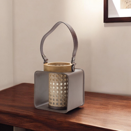 7" Natural And Brown Distressed Lattice Iron And Wood Tabletop Lantern Candle Holder - Image 1