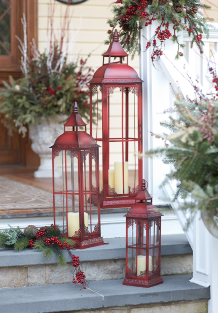 Set of Three Red Distressed Ornate Glass And Metal Floor Lantern Candle Holders - Image 6