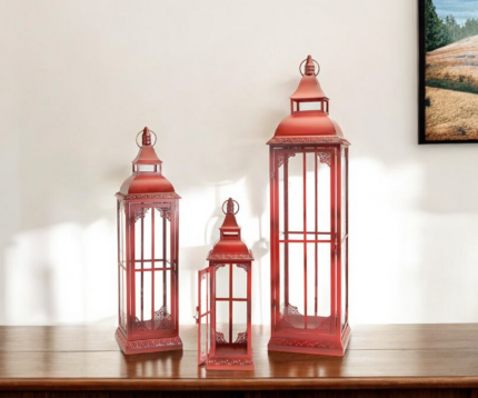 Set of Three Red Distressed Ornate Glass And Metal Floor Lantern Candle Holders - Image 1