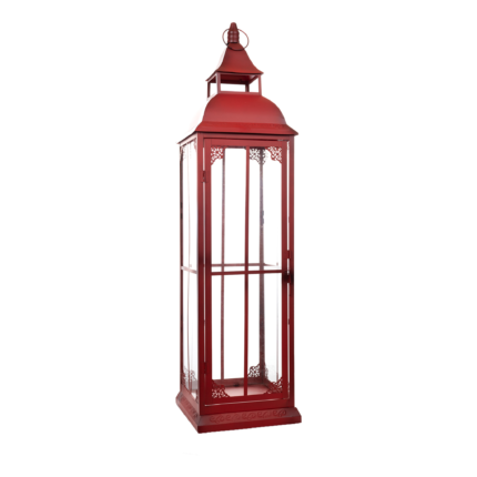 Set of Three Red Distressed Ornate Glass And Metal Floor Lantern Candle Holders - Image 3