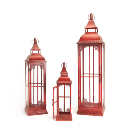 Set of Three Red Distressed Ornate Glass And Metal Floor Lantern Candle Holders - Image 2