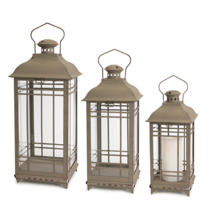 Set of Three Brown Distressed Geometric Glass And Metal Floor Lantern Candle Holders - Image 2