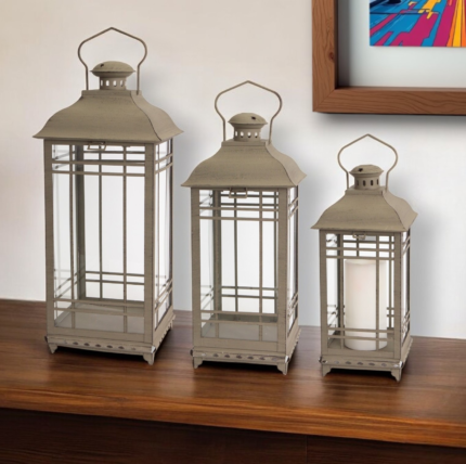 Set of Three Brown Distressed Geometric Glass And Metal Floor Lantern Candle Holders - Image 1
