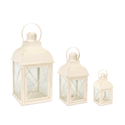 Set of Three Ivory Distressed Geometric Glass And Metal Floor Lantern Candle Holders - Image 2
