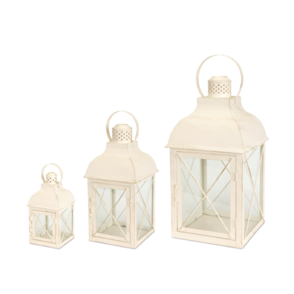 Set of Three Ivory Distressed Geometric Glass And Metal Floor Lantern Candle Holders - Image 5