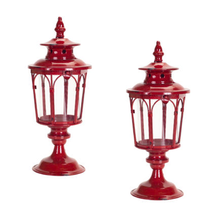 Set of Two Red Distressed Ornate Glass And Metal Tabletop Lantern Candle Holders - Image 2