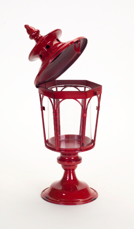 Set of Two Red Distressed Ornate Glass And Metal Tabletop Lantern Candle Holders - Image 4