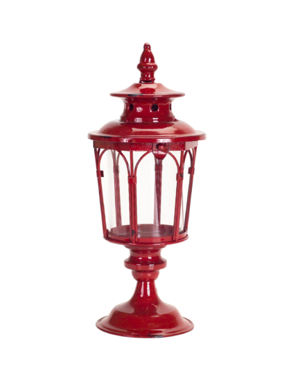 Set of Two Red Distressed Ornate Glass And Metal Tabletop Lantern Candle Holders - Image 3