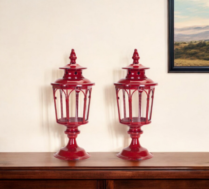 Set of Two Red Distressed Ornate Glass And Metal Tabletop Lantern Candle Holders - Image 1