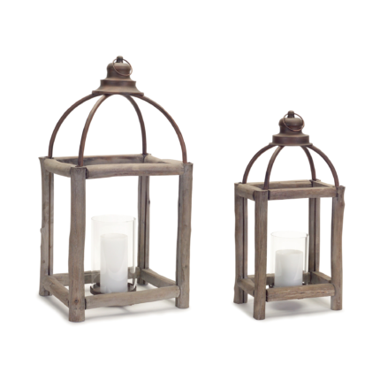 Set of Two Natural And Gray Geometric Glass Wood And Metal Floor Lantern Candle Holders - Image 2
