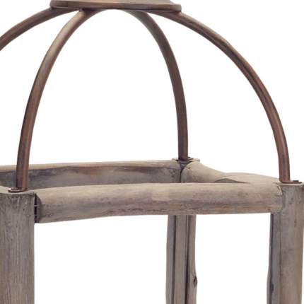 Set of Two Natural And Gray Geometric Glass Wood And Metal Floor Lantern Candle Holders - Image 4
