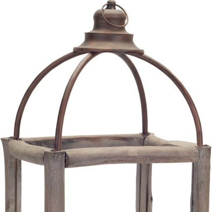 Set of Two Natural And Gray Geometric Glass Wood And Metal Floor Lantern Candle Holders - Image 3
