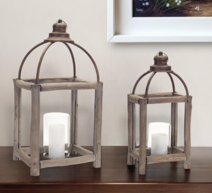 Set of Two Natural And Gray Geometric Glass Wood And Metal Floor Lantern Candle Holders - Image 1