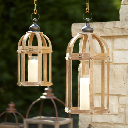 Set of Two Brown Distressed Wood And Glass Floor Lantern Candle Holders - Image 7