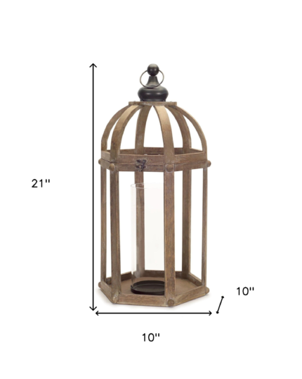 Set of Two Brown Distressed Wood And Glass Floor Lantern Candle Holders - Image 8