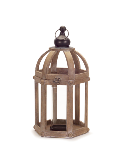 Set of Two Brown Distressed Wood And Glass Floor Lantern Candle Holders - Image 4