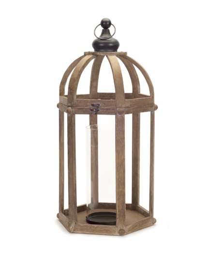 Set of Two Brown Distressed Wood And Glass Floor Lantern Candle Holders - Image 3