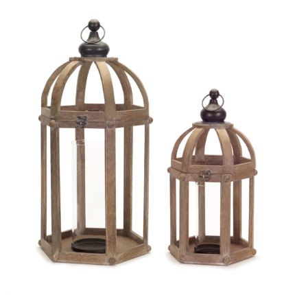 Set of Two Brown Distressed Wood And Glass Floor Lantern Candle Holders - Image 2