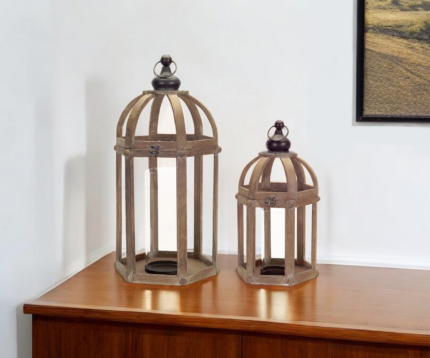 Set of Two Brown Distressed Wood And Glass Floor Lantern Candle Holders - Image 1