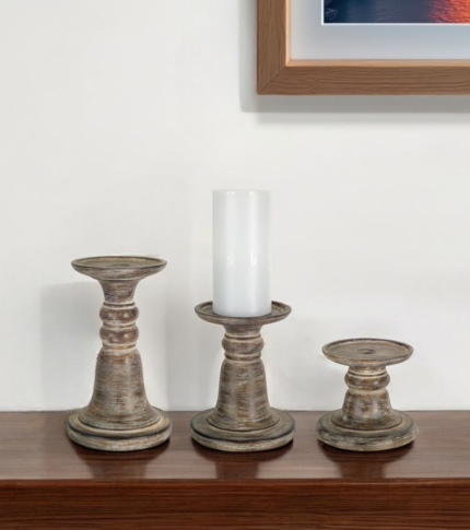 Set of Three Brown Distressed Stone Tabletop Taper Candlesticks - Image 1