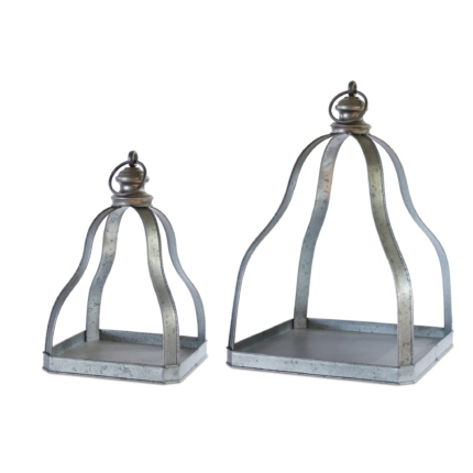 Set of Two Gray Distressed Galvanized Metal Tabletop Lantern Candle Holders - Image 2