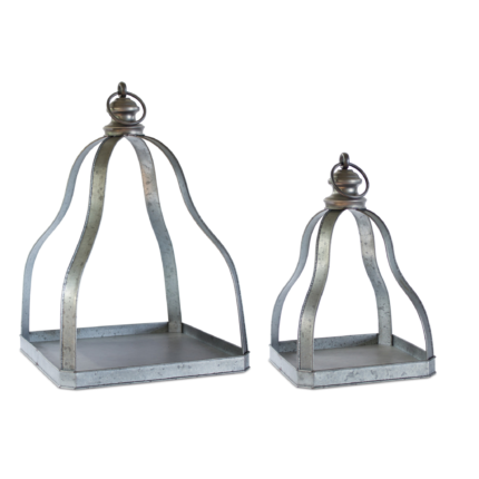 Set of Two Gray Distressed Galvanized Metal Tabletop Lantern Candle Holders - Image 5