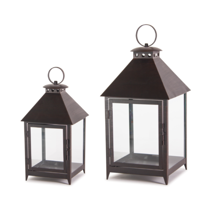 Set of Two Black Geometric Iron And Glass Floor Lantern Candle Holders - Image 4