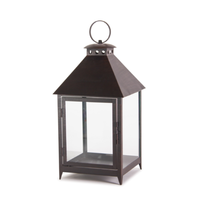 Set of Two Black Geometric Iron And Glass Floor Lantern Candle Holders - Image 1