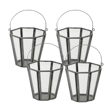 Set of Four Gray Distressed Geometric Iron And Glass Tabletop Votive Candle Holders - Image 2