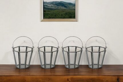 Set of Four Gray Distressed Geometric Iron And Glass Tabletop Votive Candle Holders - Image 1