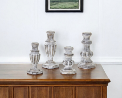 Set of Four White Washed Resin Tabletop Candle Sticks - Image 1