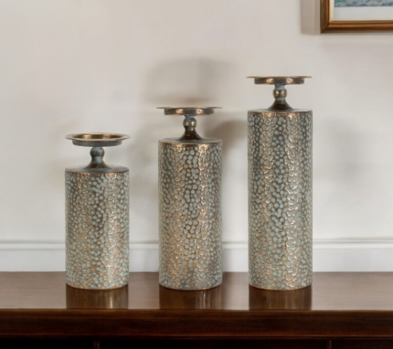 Set of Three Bronze Distressed Abstract Metal Tabletop Pillar Candle Holders - Image 1