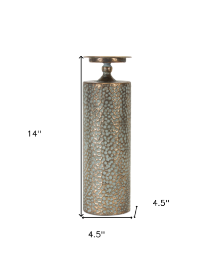 Set of Three Bronze Distressed Abstract Metal Tabletop Pillar Candle Holders - Image 8
