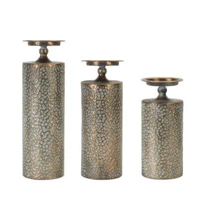 Set of Three Bronze Distressed Abstract Metal Tabletop Pillar Candle Holders - Image 2