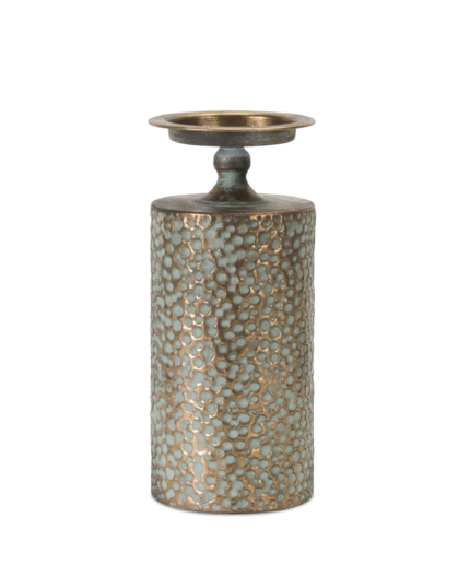 Set of Three Bronze Distressed Abstract Metal Tabletop Pillar Candle Holders - Image 5