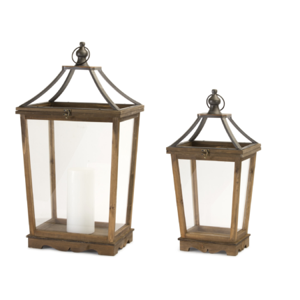Set of Two Brown Distressed Geometric Wood And Metal Floor Lantern Candle Holders - Image 2