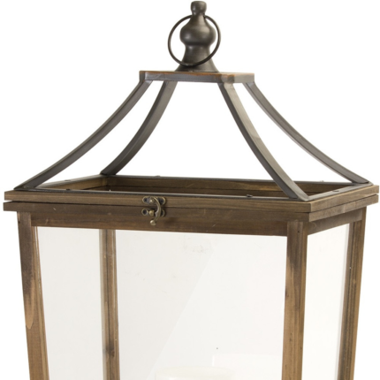 Set of Two Brown Distressed Geometric Wood And Metal Floor Lantern Candle Holders - Image 3