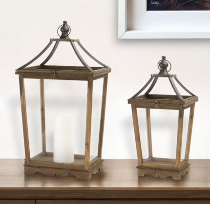 Set of Two Brown Distressed Geometric Wood And Metal Floor Lantern Candle Holders - Image 1
