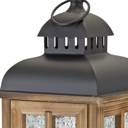 Set of Two Brown and Black Frosted Glass Wood and Metal Floor Lantern Candle Holders - Image 6