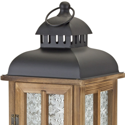 Set of Two Brown and Black Frosted Glass Wood and Metal Floor Lantern Candle Holders - Image 7