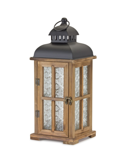 Set of Two Brown and Black Frosted Glass Wood and Metal Floor Lantern Candle Holders - Image 4