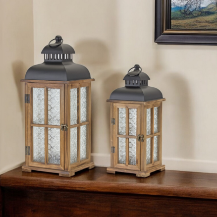 Set of Two Brown and Black Frosted Glass Wood and Metal Floor Lantern Candle Holders - Image 1
